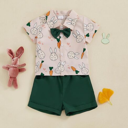 Toddler Baby Boy Easter Outfits Short Sleeve Bunny Carrot Shirt Tops and Shorts Sets Newborn Infant Summer Clothes in Kuwait