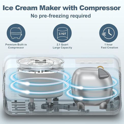 2.6 Qt Ice Cream Maker with Compressor, LCD Digital Display & Timer, No Pre-freezing, Automatic Ice Cream Machine for Homemade Use, Stainless Steel in Saudi Arabia