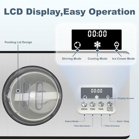 2.6 Qt Ice Cream Maker with Compressor, LCD Digital Display & Timer, No Pre-freezing, Automatic Ice Cream Machine for Homemade Use, Stainless Steel in Saudi Arabia
