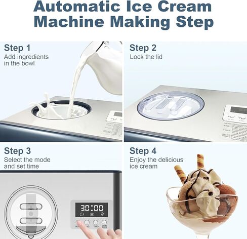 2.6 Qt Ice Cream Maker with Compressor, LCD Digital Display & Timer, No Pre-freezing, Automatic Ice Cream Machine for Homemade Use, Stainless Steel in Saudi Arabia