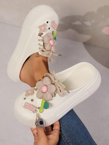 Women's Platform Slide Sandals with Bow and Flower Charms, Cavernous Upper in Saudi Arabia