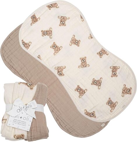 Ali+Oli 2-pk Muslin Burp Cloths for Baby Boys and Girls (Teddy-Taupe) Organic Baby Burp Cloth, Burp Rags for Newborn in Saudi Arabia