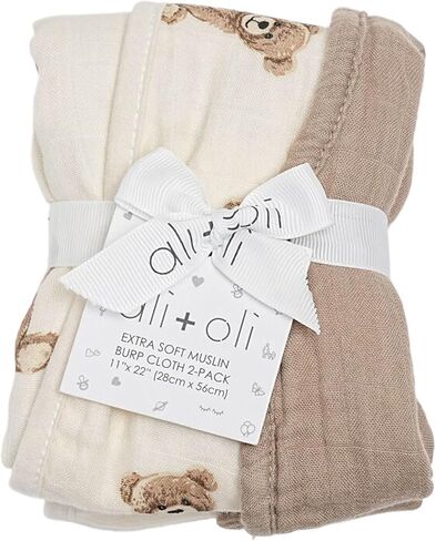Ali+Oli 2-pk Muslin Burp Cloths for Baby Boys and Girls (Teddy-Taupe) Organic Baby Burp Cloth, Burp Rags for Newborn in Saudi Arabia