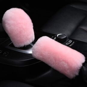 Fluffy Natural Fur Sheepskin Car Gear Shift Handle Level Stick Knob Covers for Automobile Selector Handball Collar, Handbrake Cover (Black)