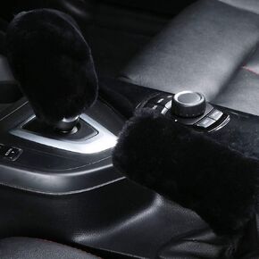 Fluffy Natural Fur Sheepskin Car Gear Shift Handle Level Stick Knob Covers for Automobile Selector Handball Collar, Handbrake Cover (Black)