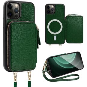 حافظة ZVE iPhone 12 Pro مع شحن Magsafe، وحامل بطاقات iPhone 12 RFID وغطاء محفظة جلدي مع حزام معصم لهاتف iPhone 12/12 Pro، 6.1 بوصة - أخضر داكن in Kuwait