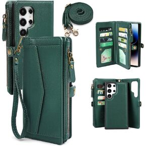 for Samsung Galaxy S24 Ultra Wallet Case for Women, [Wireless Charging] [RFID Blocking] [12 Card Holder], Leather Detachable Magnetic Strap Phone Case for Galaxy S24 Ultra 6.8", Black