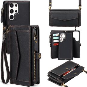 for Samsung Galaxy S24 Ultra Wallet Case for Women, [Wireless Charging] [RFID Blocking] [12 Card Holder], Leather Detachable Magnetic Strap Phone Case for Galaxy S24 Ultra 6.8", Black