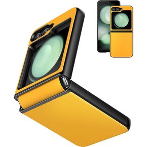 Foluu Slim Protective Case for Samsung Galaxy Z Flip 5 with Hinge Protection Rubber Strap PU Leather + Hard PC Shell, Durable Cover for Samsung Galaxy Z Flip5 5G 2023 (Yellow)