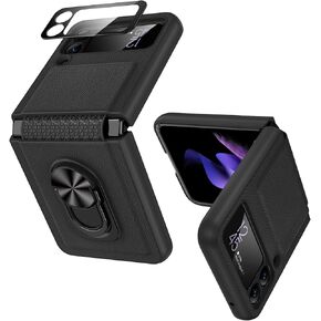 VEGO for Galaxy Z Flip 3 Stand Case with Hinge Protection, Full-Body Protective Case with Built-in Glass Camera Lens Protector for Samsung Galaxy Z Flip 3 5G (2021) - Carbon Fiber Black