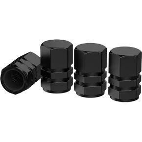 Tire Valve Stem Caps - 4 Pack - Anodized Aluminum - Corrosion Resistant - Cars Trucks Motorcycles SUVs and Bikes - Universal Hexagon Designed stem caps by Vexzu (Black)