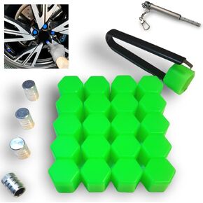 Universal Colored Lug Nut Covers, 4 Color Matched Tire Valve Stem Cap Caps Set. Plus Tire Pressure Gauge Keychain, Extractor Tool, Spare Lug nut Cover. Fits Car, SUV, Truck, RV, UTV (24, Green, 19)