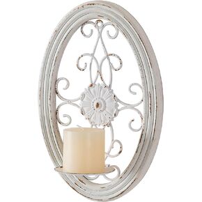 SOFE Rustic Scroll Metal Wall Candle Holder for Pillar Candles, Oval Candle Wall Sconce, Distressed White Wall Mounted Candle Holder, Art Wall Decor for Living Room