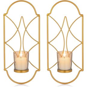 Sziqiqi Metal Wall Sconce Candle Holder Decor Set of 2 Wall Mounted Candle Sconces Holders with Glass, Candle Sconces Holder for Wall, Home Wall Art for Living Room Fireplace Yard Pathway, Gold