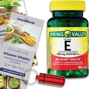 Spring Valley Vitamin E Heart Health Dietary Supplement Softgels 180 mg (400 IU) 100 CT Choice Bundle + “Vitamin Vitality" Guide & Keychain Pill Container (3 Items)!