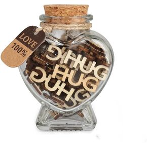 Hugs in a Jar,Jar of Hugs Gift for Valentine's Day/Birthday/Anniversary/Christmas/Thanksgiving. HUG Wooden Cutout Letter Gifts for Parents and Relatives，Friends.(HUG(Heart-shaped bottle))