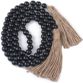 58 in Wood Bead Garland with Tassel,String Wooden Beads Prayer Boho Beads for Farmhouse Rustic Country Decor Wall Hanging Decor(Black)