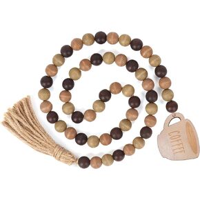 إكليل خرز من خشب القهوة مع شرابة، صينية قهوة ريفية ذات طبقات ديكور خرز بوهو مع علامة قهوة لإكسسوارات بار القهوة in Kuwait