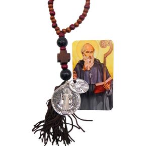St Benedict Home Protection Door Hanger with Wooden Beads and Tassel Prayer Card Set