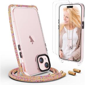UYMO Crossbody Case for iPhone 15 Plus, Crossbody Cover with Neck Cord Strap,Transparent Clear PC TPU Lanyard Case with 2 Tempered Glass Screen Protector,Rose Gold