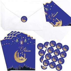 فانسي لاند بطاقات تهنئة عيد مبارك 12 قطعة بطاقات حامل أموال رمضان مع مغلفات بطاقات تهنئة من رقائق معدنية للعيد