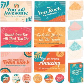 Decorably 24 Pack 6x4in Appreciation Cards for Coworkers with Envelopes and Stickers, 6 Retro Designs Employee Thank You Cards, Blank Inside