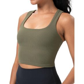 YUNOGA Women's Ribbed Longline Sports Bra Square Neck Workout Crop Tank Tops with Built in Shelf Yoga Bra
