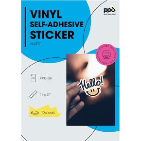 PPD 11x17 Inkjet Matte Self Adhesive Vinyl Sticker Paper Photo Quality PREMIUM Commercial Grade 4.7mil Instant Dry Scratch and Tear Resistant x 10 Sheets (PPD-381-10)