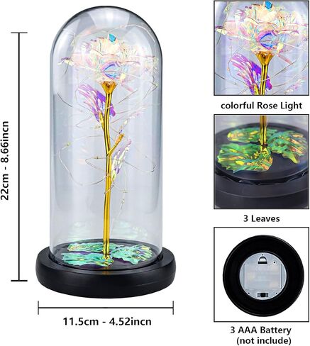 هدية زهرة المجرة، سلسلة إضاءة LED على شكل زهرة وردية صناعية على زهور زجاجية ملونة في قبة زجاجية مع صندوق هدايا أسود لحفلات الزفاف وأعياد الميلاد وعيد الحب والذكرى السنوية لعيد الميلاد in Kuwait