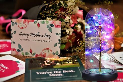 هدية زهرة المجرة، سلسلة إضاءة LED على شكل زهرة وردية صناعية على زهور زجاجية ملونة في قبة زجاجية مع صندوق هدايا أسود لحفلات الزفاف وأعياد الميلاد وعيد الحب والذكرى السنوية لعيد الميلاد in Kuwait