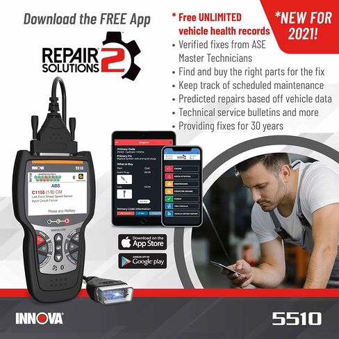 ماسح ضوئي INNOVA 5510 Obd2، أداة مسح ضوئي لـ ABS Clear، ماسح ضوئي لجميع الأنظمة، خدمة الفرجار، عمر وسادة الفرامل، قراءة/مسح رموز ABS/SRS، إعادة ضبط ضوء الزيت، بيانات حية، تحديثات مجانية مدى الحياة in Saudi Arabia