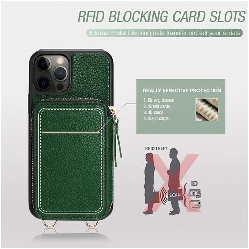حافظة ZVE iPhone 12 Pro مع شحن Magsafe، وحامل بطاقات iPhone 12 RFID وغطاء محفظة جلدي مع حزام معصم لهاتف iPhone 12/12 Pro، 6.1 بوصة - أخضر داكن in Kuwait