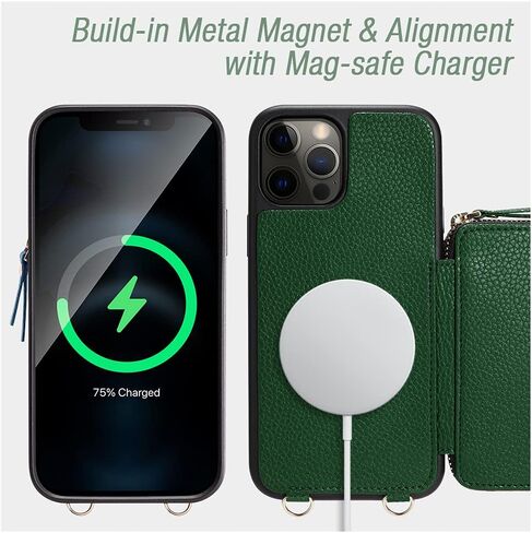 حافظة ZVE iPhone 12 Pro مع شحن Magsafe، وحامل بطاقات iPhone 12 RFID وغطاء محفظة جلدي مع حزام معصم لهاتف iPhone 12/12 Pro، 6.1 بوصة - أخضر داكن in Kuwait
