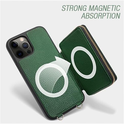 حافظة ZVE iPhone 12 Pro مع شحن Magsafe، وحامل بطاقات iPhone 12 RFID وغطاء محفظة جلدي مع حزام معصم لهاتف iPhone 12/12 Pro، 6.1 بوصة - أخضر داكن in Kuwait
