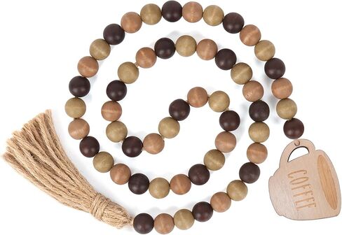 إكليل خرز من خشب القهوة مع شرابة، صينية قهوة ريفية ذات طبقات ديكور خرز بوهو مع علامة قهوة لإكسسوارات بار القهوة in Kuwait