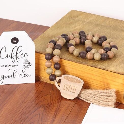 إكليل خرز من خشب القهوة مع شرابة، صينية قهوة ريفية ذات طبقات ديكور خرز بوهو مع علامة قهوة لإكسسوارات بار القهوة in Kuwait