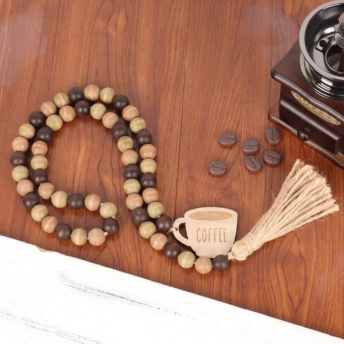 إكليل خرز من خشب القهوة مع شرابة، صينية قهوة ريفية ذات طبقات ديكور خرز بوهو مع علامة قهوة لإكسسوارات بار القهوة in Kuwait