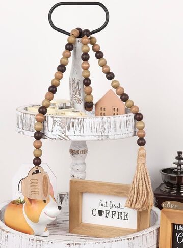 إكليل خرز من خشب القهوة مع شرابة، صينية قهوة ريفية ذات طبقات ديكور خرز بوهو مع علامة قهوة لإكسسوارات بار القهوة in Kuwait