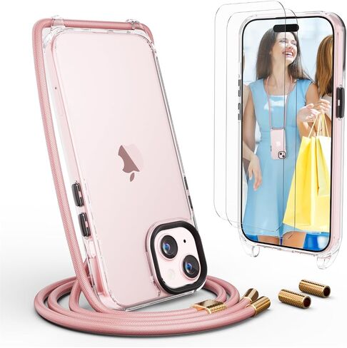 UYMO Crossbody Case for iPhone 15 Plus, Crossbody Cover with Neck Cord Strap,Transparent Clear PC TPU Lanyard Case with 2 Tempered Glass Screen Protector,Rose Gold in Saudi Arabia