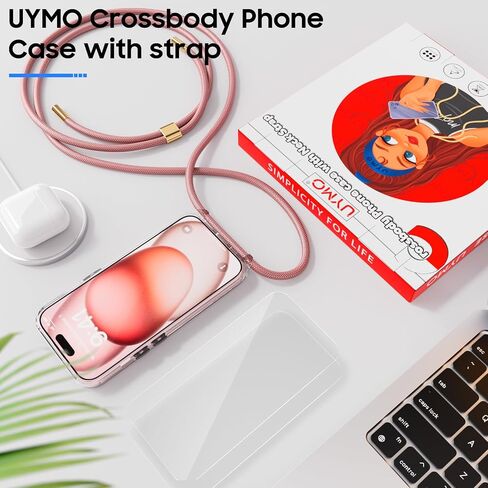 UYMO Crossbody Case for iPhone 15 Plus, Crossbody Cover with Neck Cord Strap,Transparent Clear PC TPU Lanyard Case with 2 Tempered Glass Screen Protector,Rose Gold in Saudi Arabia
