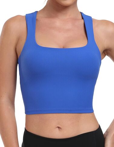 YUNOGA Women's Ribbed Longline Sports Bra Square Neck Workout Crop Tank Tops with Built in Shelf Yoga Bra in Saudi Arabia