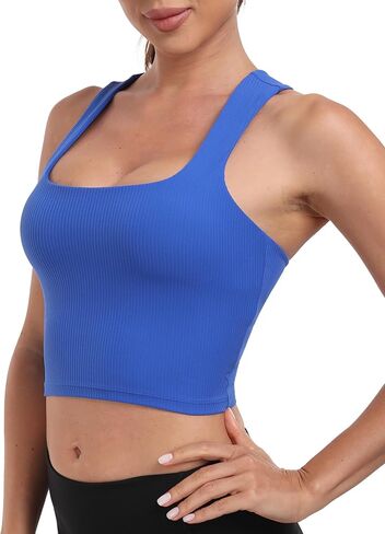 YUNOGA Women's Ribbed Longline Sports Bra Square Neck Workout Crop Tank Tops with Built in Shelf Yoga Bra in Saudi Arabia