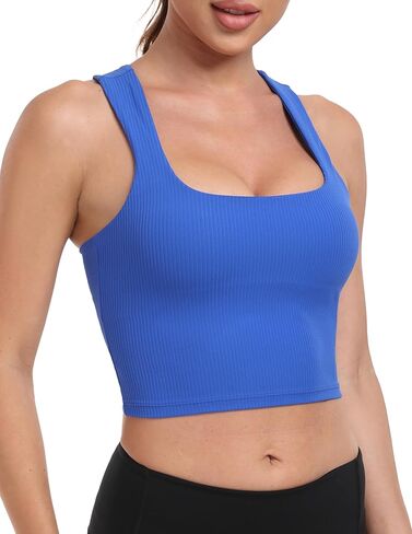 YUNOGA Women's Ribbed Longline Sports Bra Square Neck Workout Crop Tank Tops with Built in Shelf Yoga Bra in Saudi Arabia