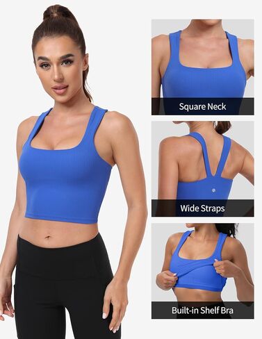 YUNOGA Women's Ribbed Longline Sports Bra Square Neck Workout Crop Tank Tops with Built in Shelf Yoga Bra in Saudi Arabia