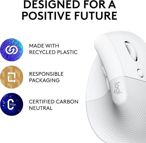 ماوس Logitech Lift Vertical مريح، لاسلكي، بلوتوث أو جهاز استقبال USB Logi Bolt، نقرات هادئة، 4 أزرار، متوافق مع Windows/macOS/iPadOS، والكمبيوتر المحمول، والكمبيوتر الشخصي - أبيض فاتح (متجدد) in Kuwait