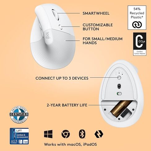 ماوس Logitech Lift Vertical مريح، لاسلكي، بلوتوث أو جهاز استقبال USB Logi Bolt، نقرات هادئة، 4 أزرار، متوافق مع Windows/macOS/iPadOS، والكمبيوتر المحمول، والكمبيوتر الشخصي - أبيض فاتح (متجدد) in Kuwait