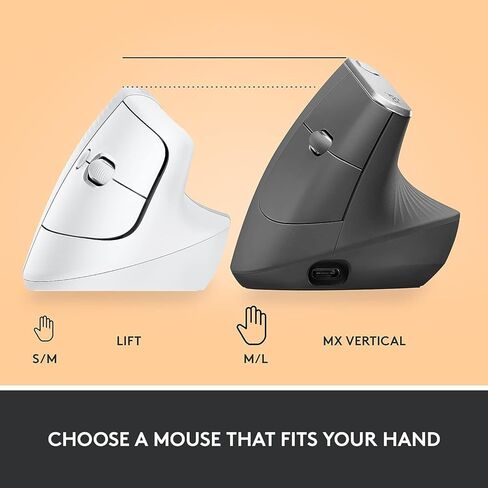 ماوس Logitech Lift Vertical مريح، لاسلكي، بلوتوث أو جهاز استقبال USB Logi Bolt، نقرات هادئة، 4 أزرار، متوافق مع Windows/macOS/iPadOS، والكمبيوتر المحمول، والكمبيوتر الشخصي - أبيض فاتح (متجدد) in Kuwait