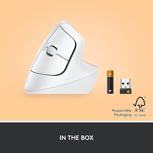 ماوس Logitech Lift Vertical مريح، لاسلكي، بلوتوث أو جهاز استقبال USB Logi Bolt، نقرات هادئة، 4 أزرار، متوافق مع Windows/macOS/iPadOS، والكمبيوتر المحمول، والكمبيوتر الشخصي - أبيض فاتح (متجدد) in Kuwait