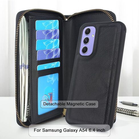 Lacass لهاتف Samsung Galaxy A54 5G 2023 Crossbody بسحاب مزدوج قابل للفصل ومحفظة جلدية مغناطيسية غطاء معصم وحزام معصم و13 فتحة للبطاقات وجيب للنقود (أسود) in Saudi Arabia