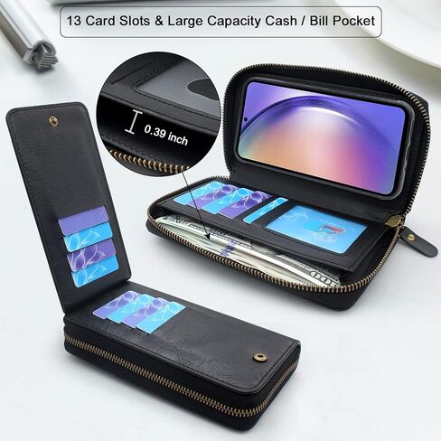 Lacass لهاتف Samsung Galaxy A54 5G 2023 Crossbody بسحاب مزدوج قابل للفصل ومحفظة جلدية مغناطيسية غطاء معصم وحزام معصم و13 فتحة للبطاقات وجيب للنقود (أسود) in Saudi Arabia